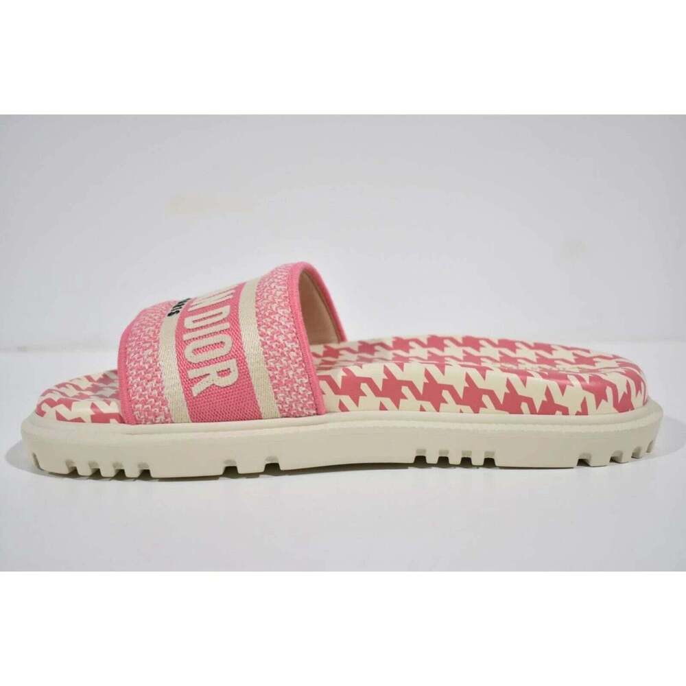 Christian Dior Dway Pink White Logo Houndstooth Slide Mule Flat Sandal 37.5 - Picture 9 of 12
